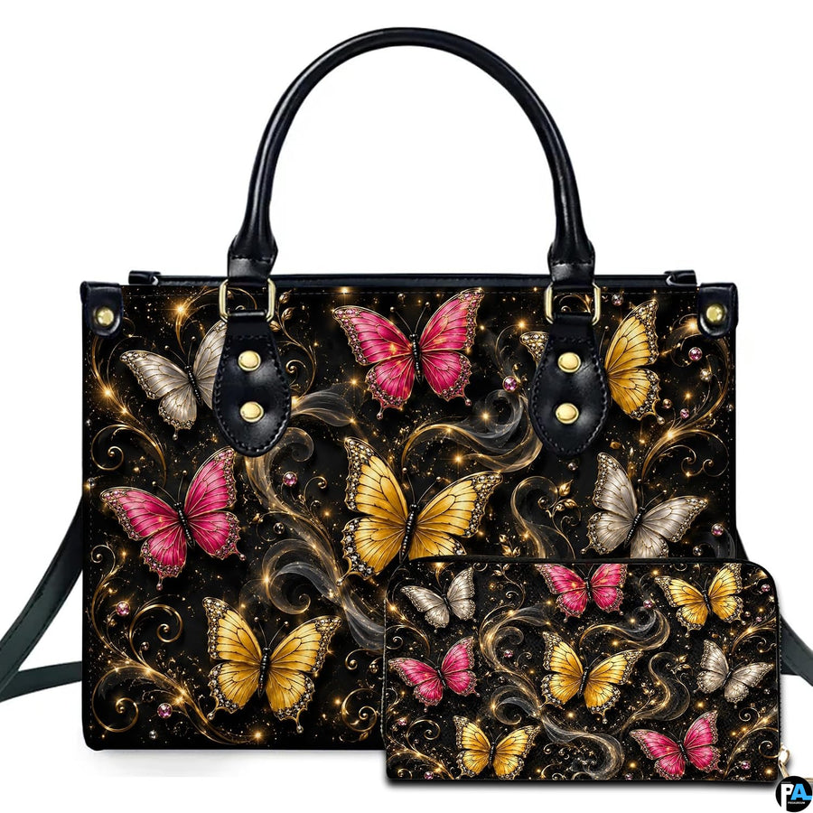 Studio presentation showing glowing butterfly fantasy artwork alongside matching companion on white surface.