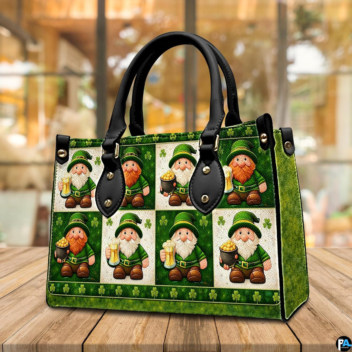 Angled green handbag with leprechauns, shamrocks and gold pots