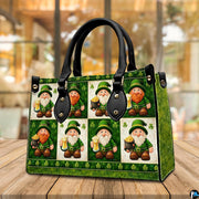 Angled green handbag with leprechauns, shamrocks and gold pots