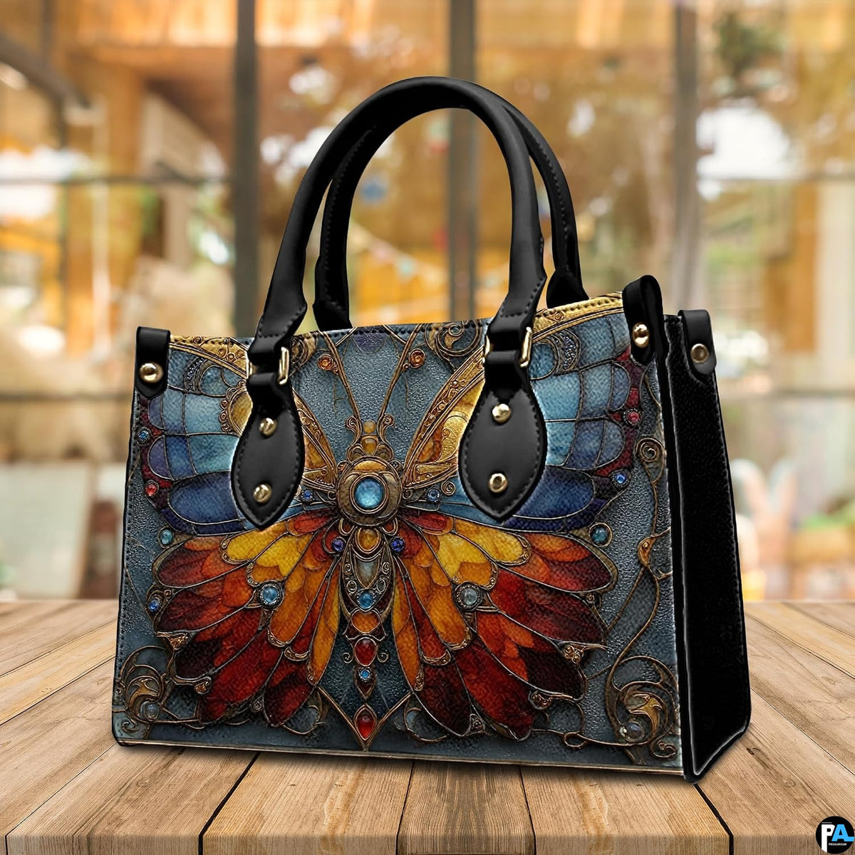 Side profile of stained glass butterfly handbag showing sleek structured silhouette