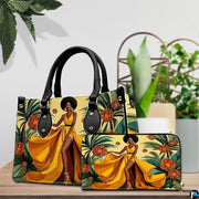 Coordinated artistic duo featuring the golden gown design displayed alongside indoor green foliage.