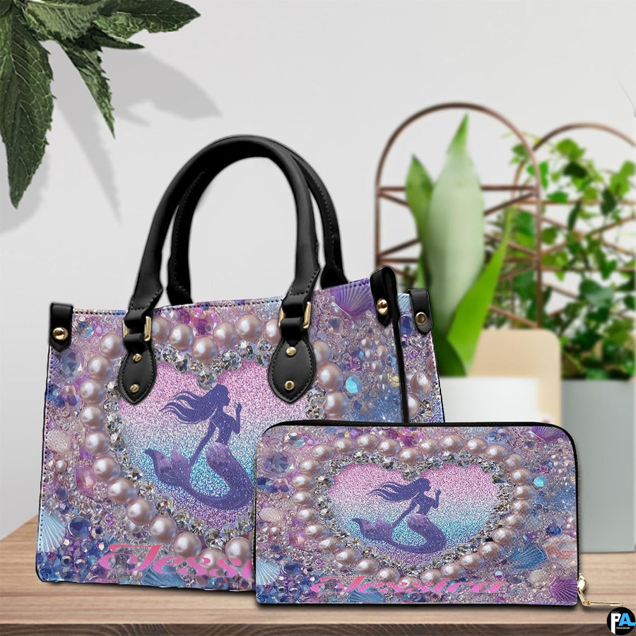 Top down view of mermaid handbag showing zipper closure and interior opening.