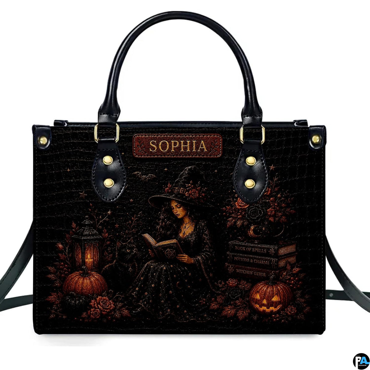 Studio view of witchy halloween art accessory highlighting sorceress illustration and autumn florals.