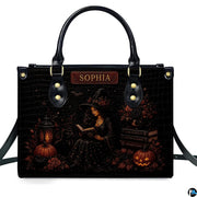 Studio view of witchy halloween art accessory highlighting sorceress illustration and autumn florals.