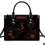Studio view of witchy halloween art accessory highlighting sorceress illustration and autumn florals.