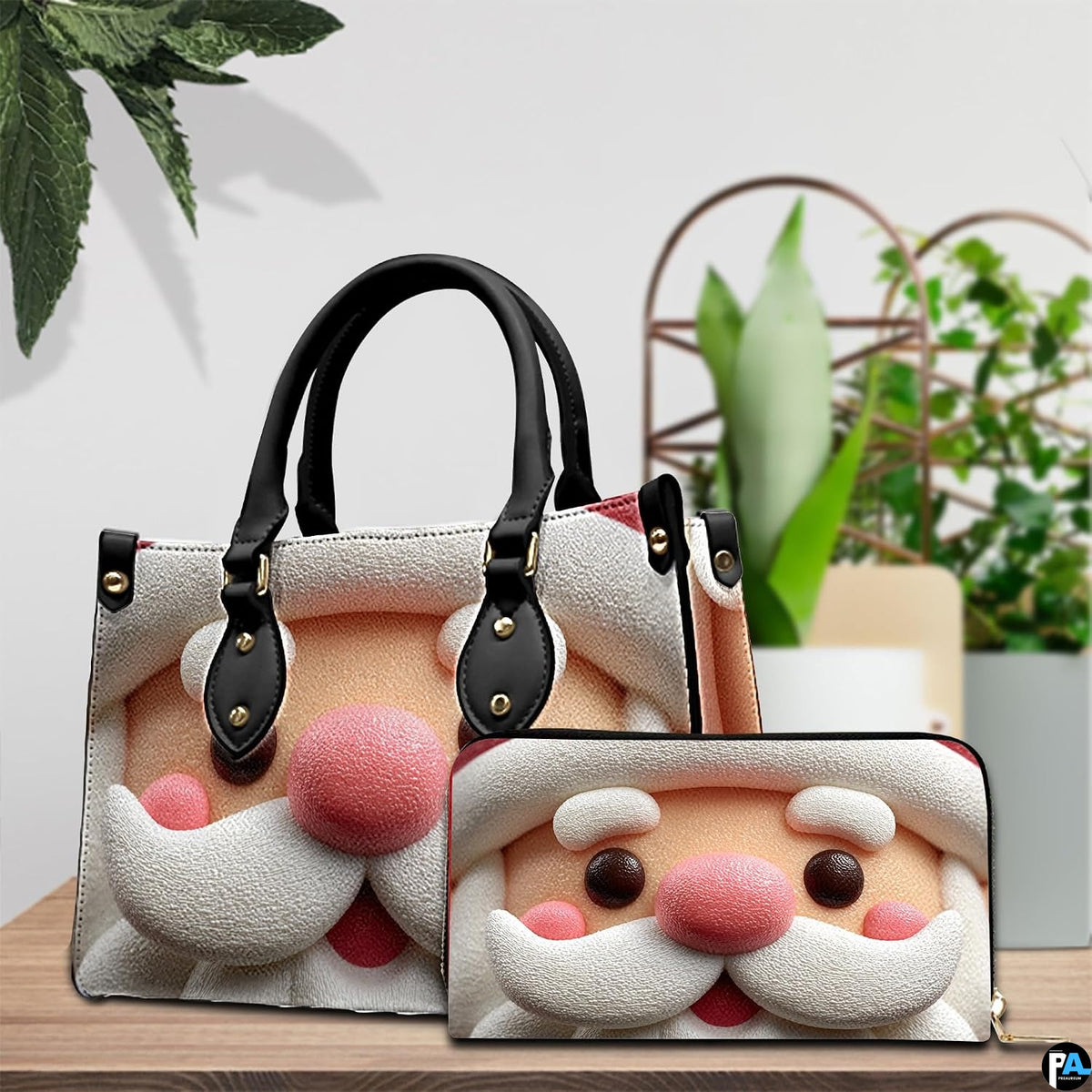 Holiday handbag paired alongside matching sculpted clay Santa Claus face zippered wallet on wooden surface