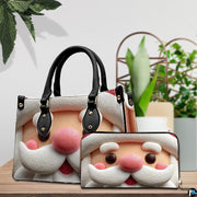 Holiday handbag paired alongside matching sculpted clay Santa Claus face zippered wallet on wooden surface