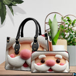 Holiday handbag paired alongside matching sculpted clay Santa Claus face zippered wallet on wooden surface
