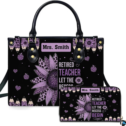 Retired teacher sunflower art showing companion accessories adorned by purple floral petals before a white studio setting.