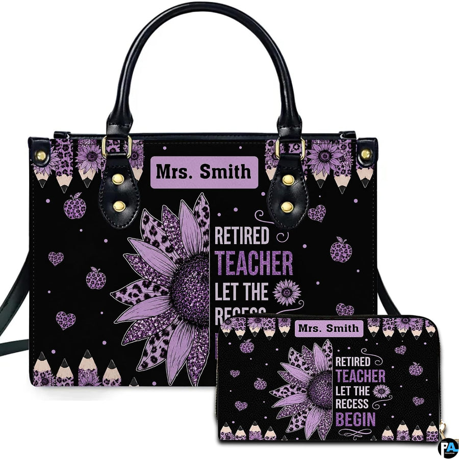 Retired teacher sunflower art showing companion accessories adorned by purple floral petals before a white studio setting.