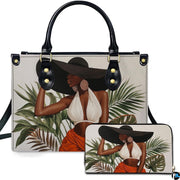 Front studio view showing coordinating accessories with an elegant woman in a sun hat surrounded by tropical palm leaves.