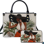Front studio view showing coordinating accessories with an elegant woman in a sun hat surrounded by tropical palm leaves.