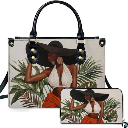 Front studio view showing coordinating accessories with an elegant woman in a sun hat surrounded by tropical palm leaves.