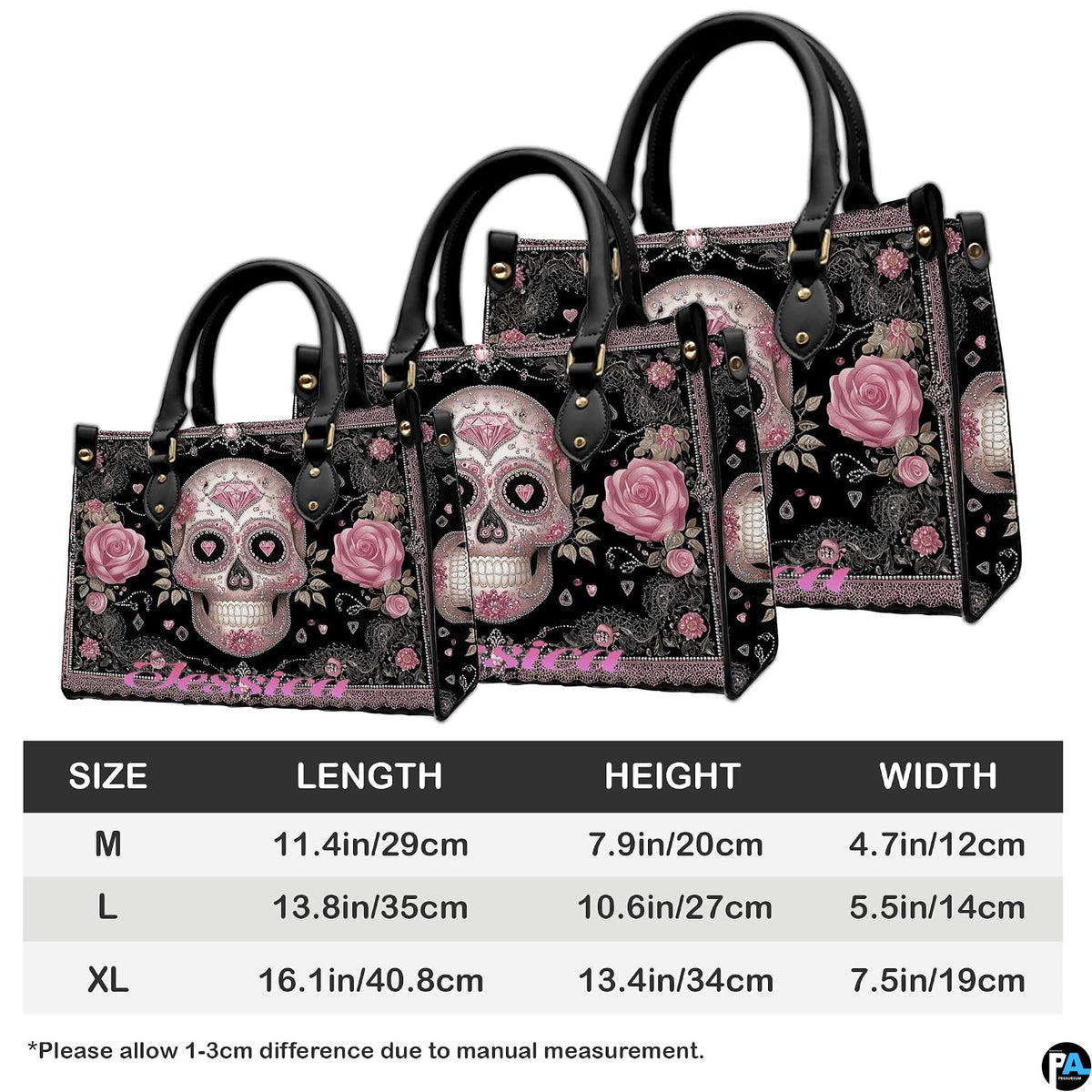 Coordinated arrangement of handbag and wallet displaying the matching sugar skull artwork.
