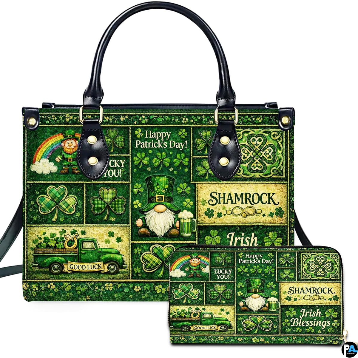 Celtic clover handbag and matching wallet with vintage green patchwork