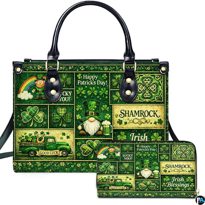 Celtic clover handbag and matching wallet with vintage green patchwork