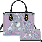 Crowned pastel unicorn handbag and matching wallet set on white backdrop