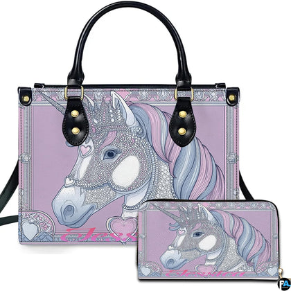Crowned pastel unicorn handbag and matching wallet set on white backdrop
