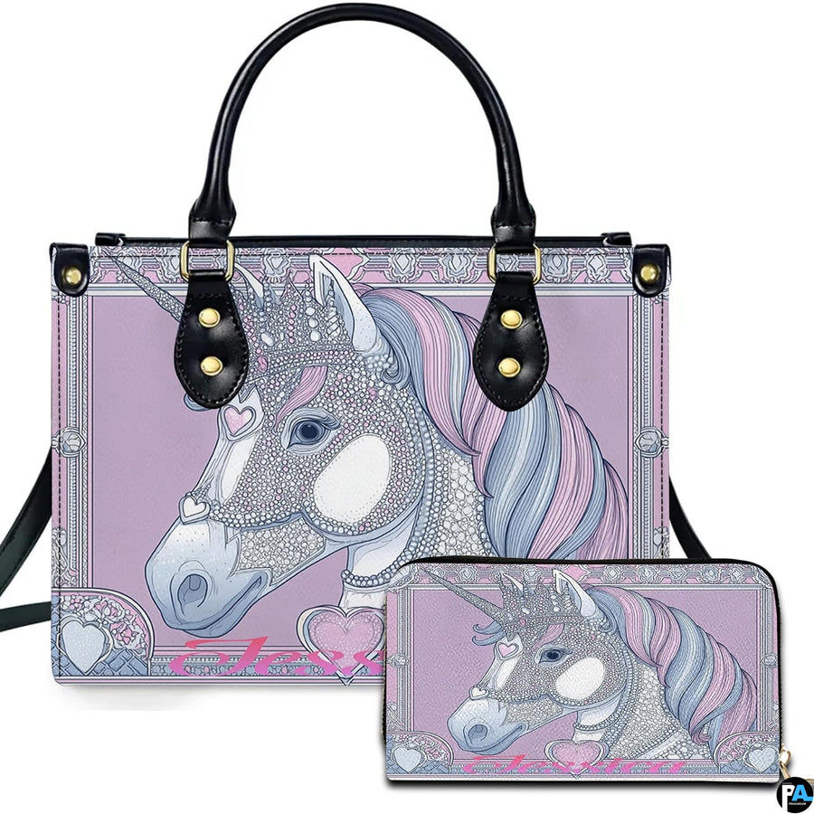 Crowned pastel unicorn handbag and matching wallet set on white backdrop