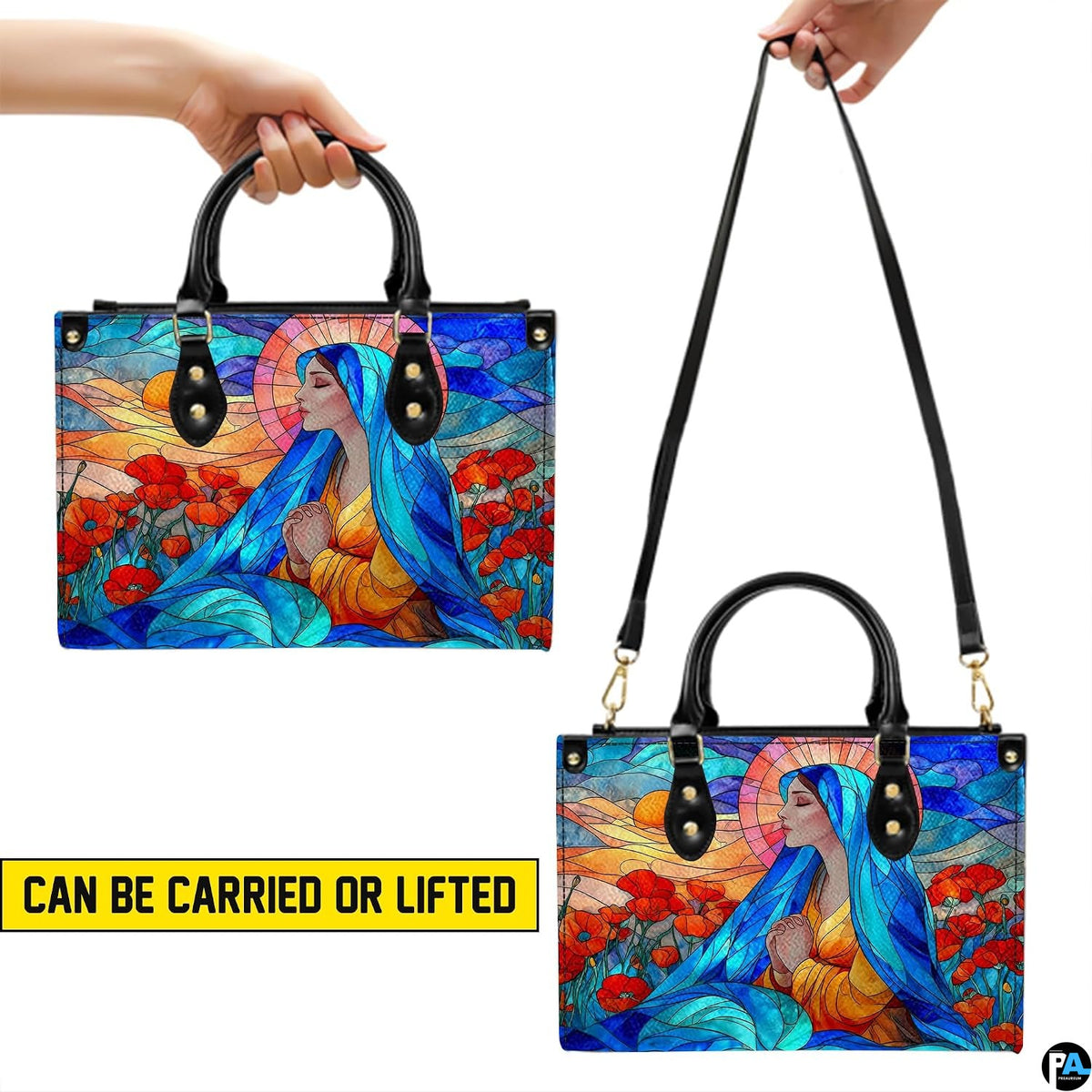 Wear demonstration presenting dual handle and shoulder options for the design.