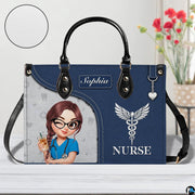 Chibi winking nurse handbag displayed indoors alongside floral vase with texture swatch.