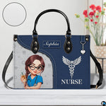 Chibi winking nurse handbag displayed indoors alongside floral vase with texture swatch.