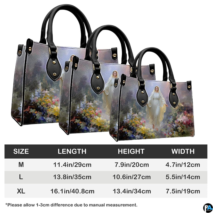 Handbag dimension chart indicating medium, large, and extra large size measurements.