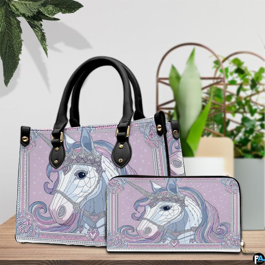Top down view of unicorn handbag showing zipper closure and interior opening.