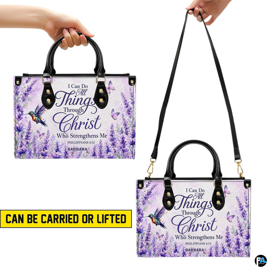 Front view of lavender floral handbag showing scripture typography and blossoms