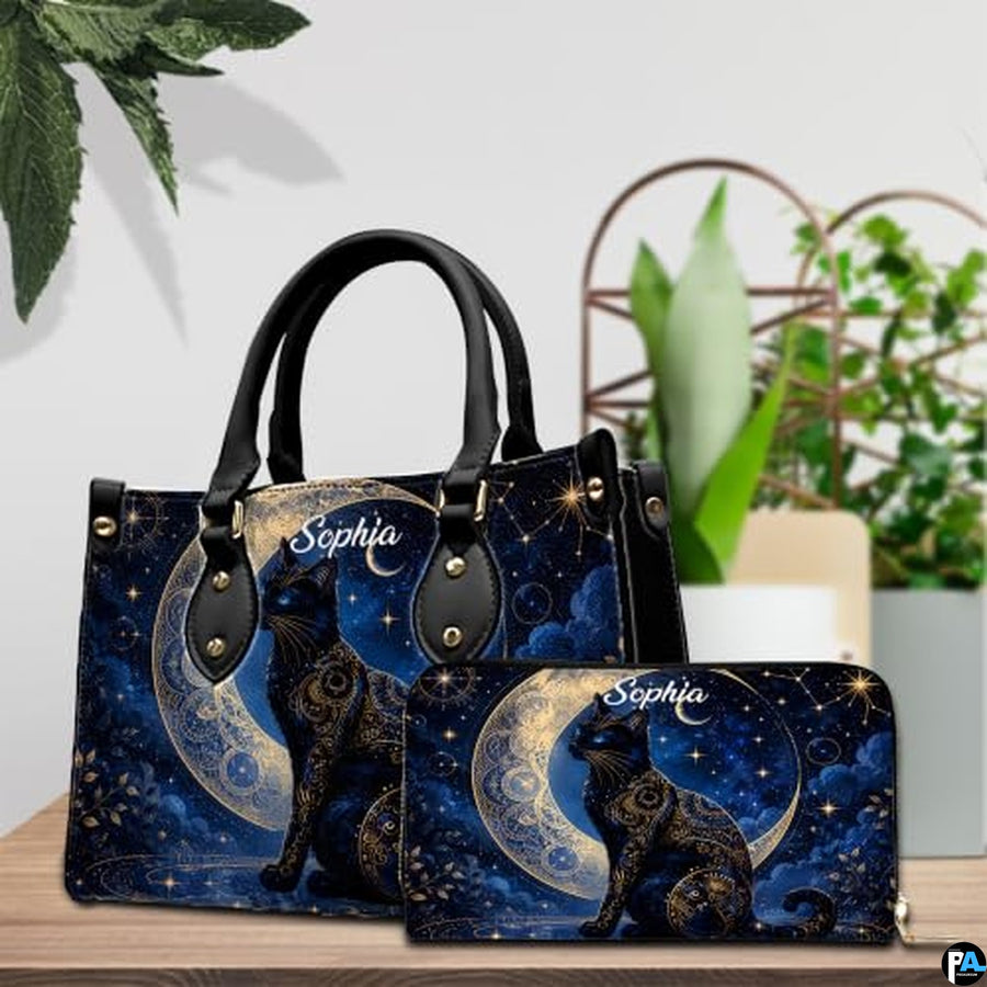 Black Cat Leather Bag – Vintage Cat Art Handbag, Stylish Animal-Themed Purse, Unique Gift for Cat Lovers