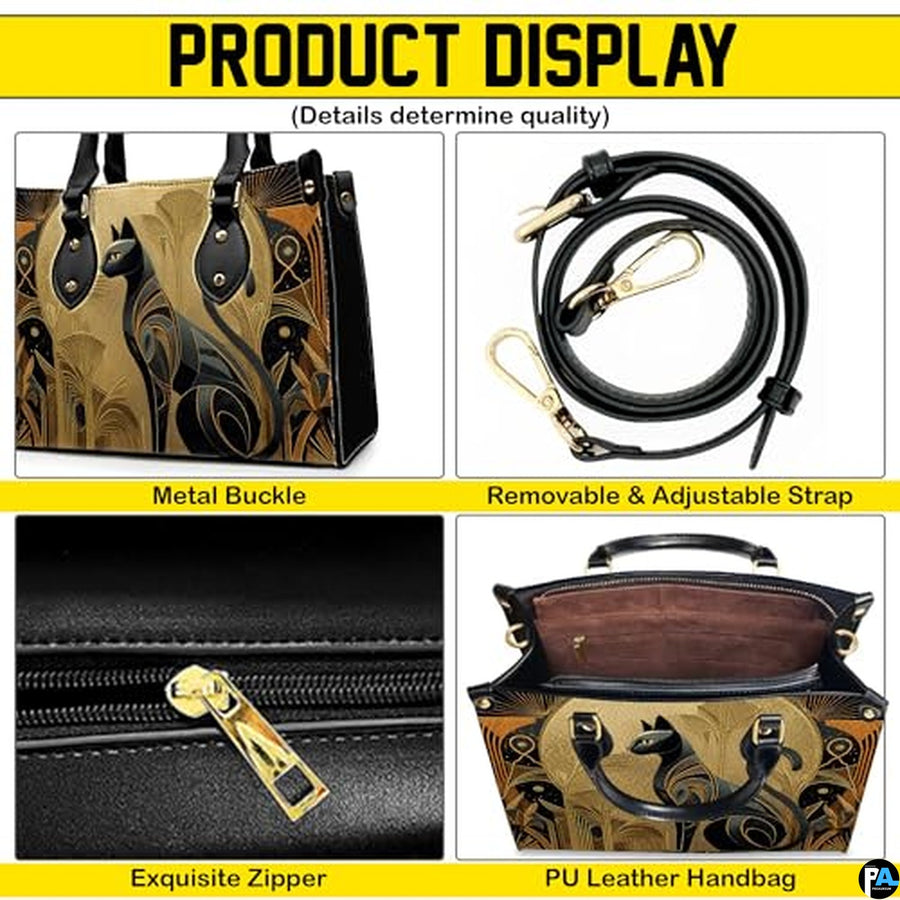 Black Cat Leather Bag – Vintage Cat Art Handbag, Stylish Animal-Themed Purse, Unique Gift for Cat Lovers