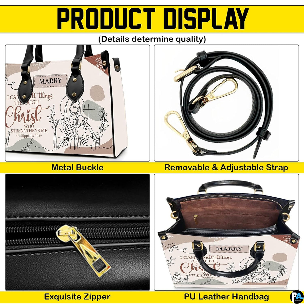 Four-panel showcase illustrating design details, hardware, and interior layout.