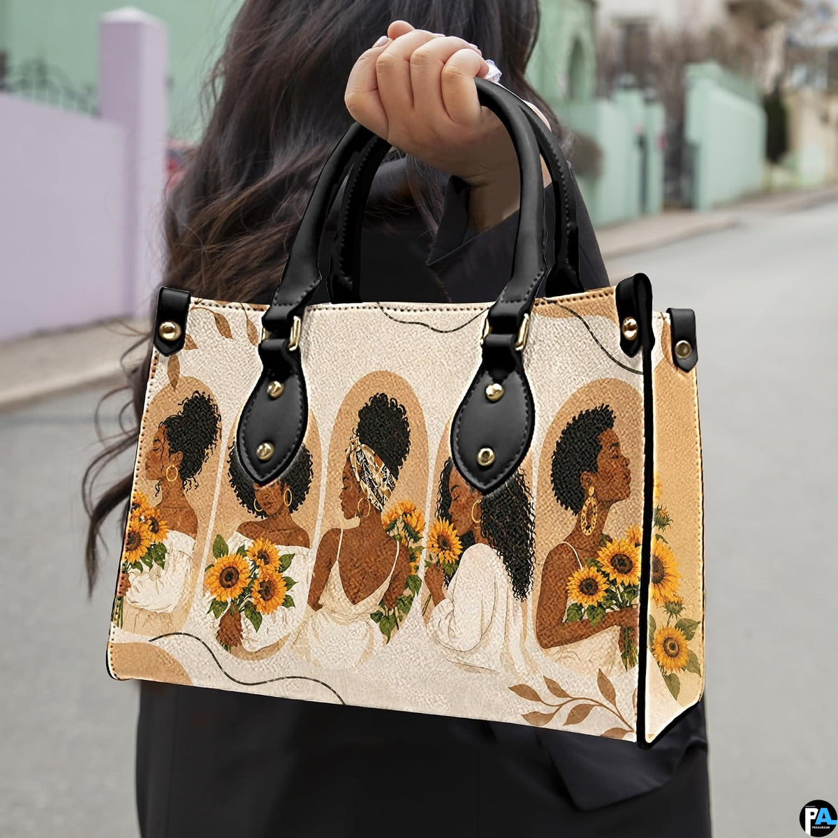 Outdoor lifestyle view showing five women sunflower art held by pedestrian along city walkway.