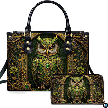 Baroque emerald owl handbag and wallet set displayed against a neutral studio backdrop