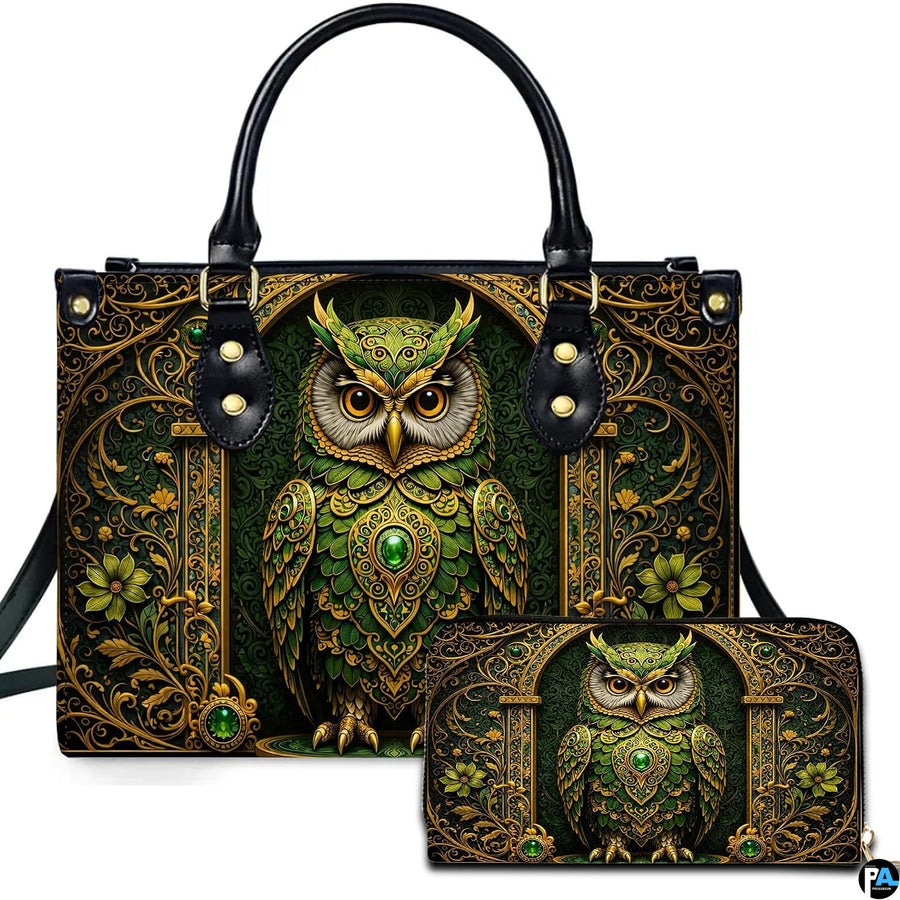Baroque emerald owl handbag and wallet set displayed against a neutral studio backdrop
