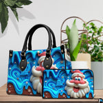 Angled tabletop view of blue drip glaze Santa Claus handbag in front of shop window