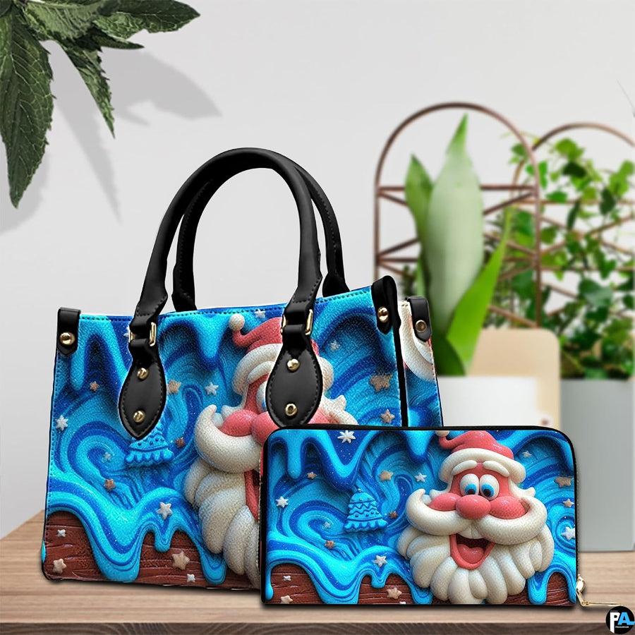 Angled tabletop view of blue drip glaze Santa Claus handbag in front of shop window