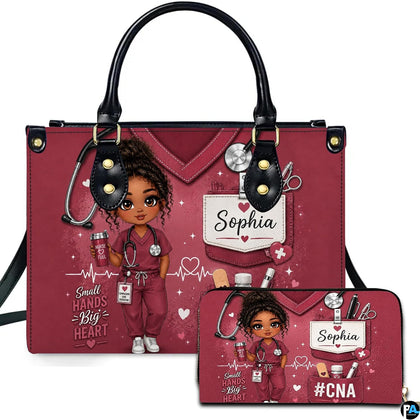 Maroon nurse scrub art depicting an illustrated medical uniform and clinical stethoscope on companion items.