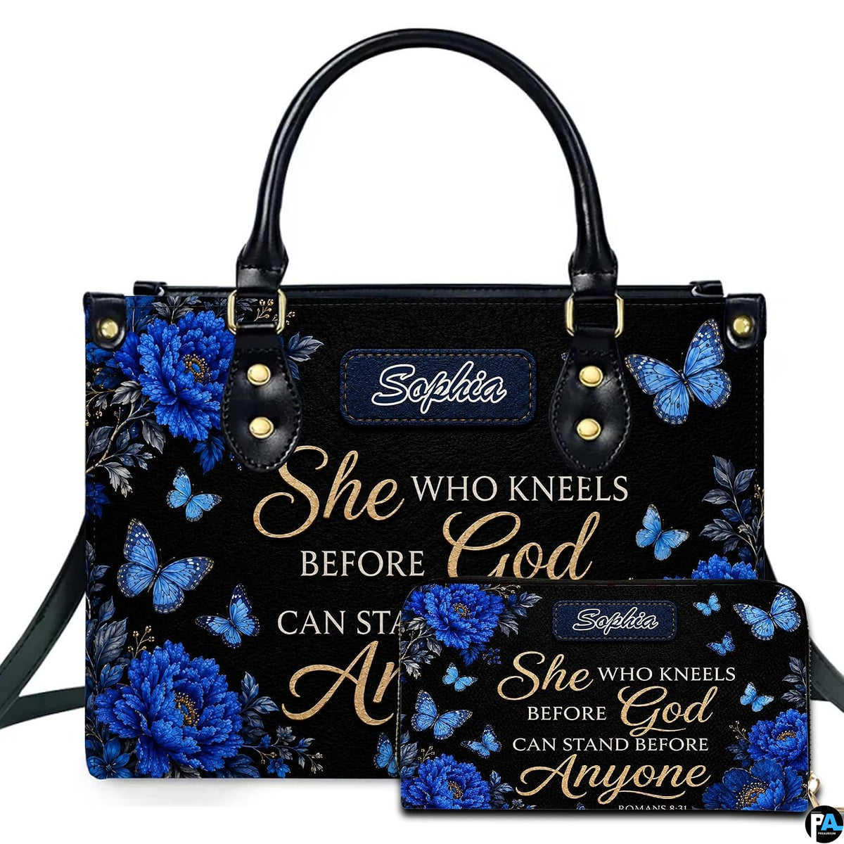 Front view of royal blue peony handbag and matching wallet with azure butterflies and golden calligraphy.