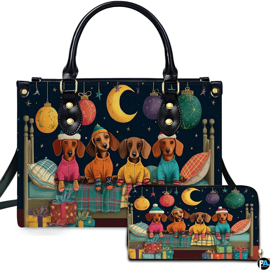 Front view of structured silhouette and matching accessory showcasing four dachshunds in pajamas on a holiday bed.