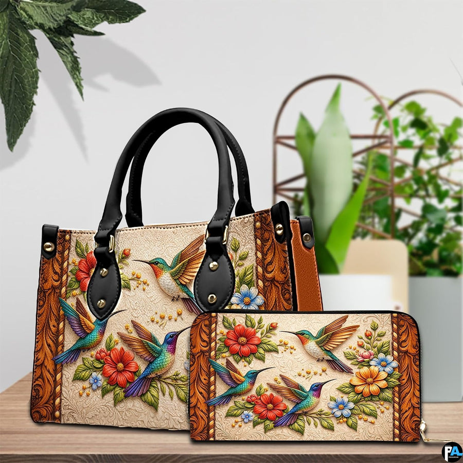 Handbag and matching wallet set arranged together on tabletop setting beside houseplant.