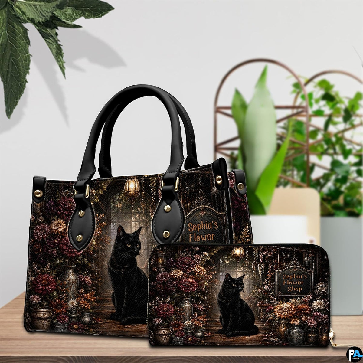 Frontal presentation highlighting the vintage black cat art design on the primary accessory silhouette.