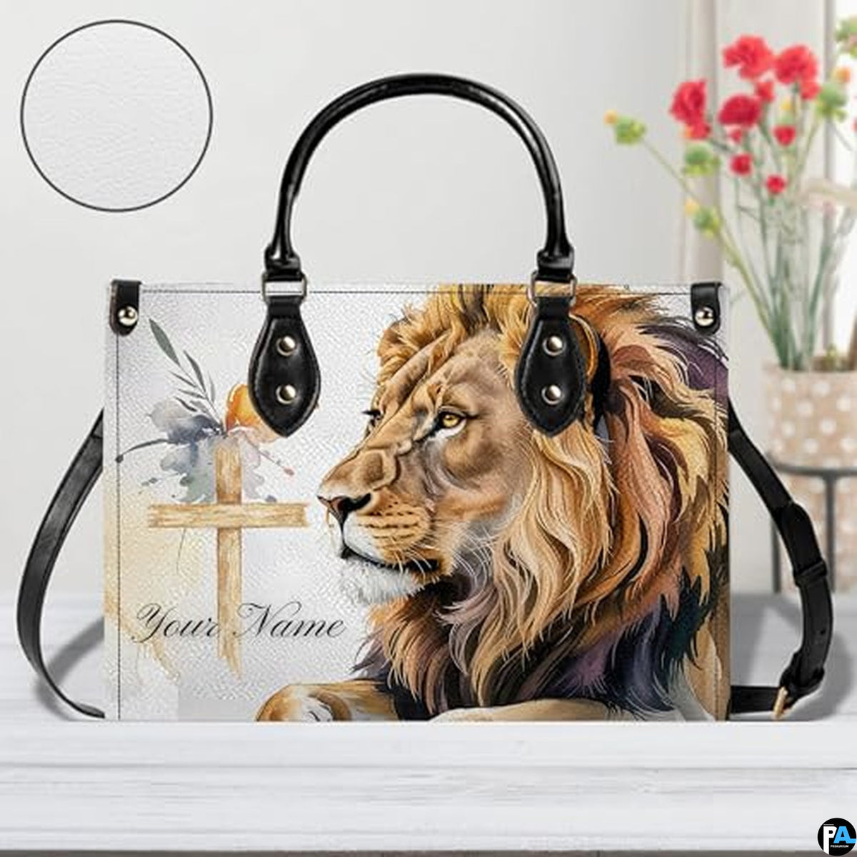 Personalized Lion Cross Watercolor Handbag for Faith Gift