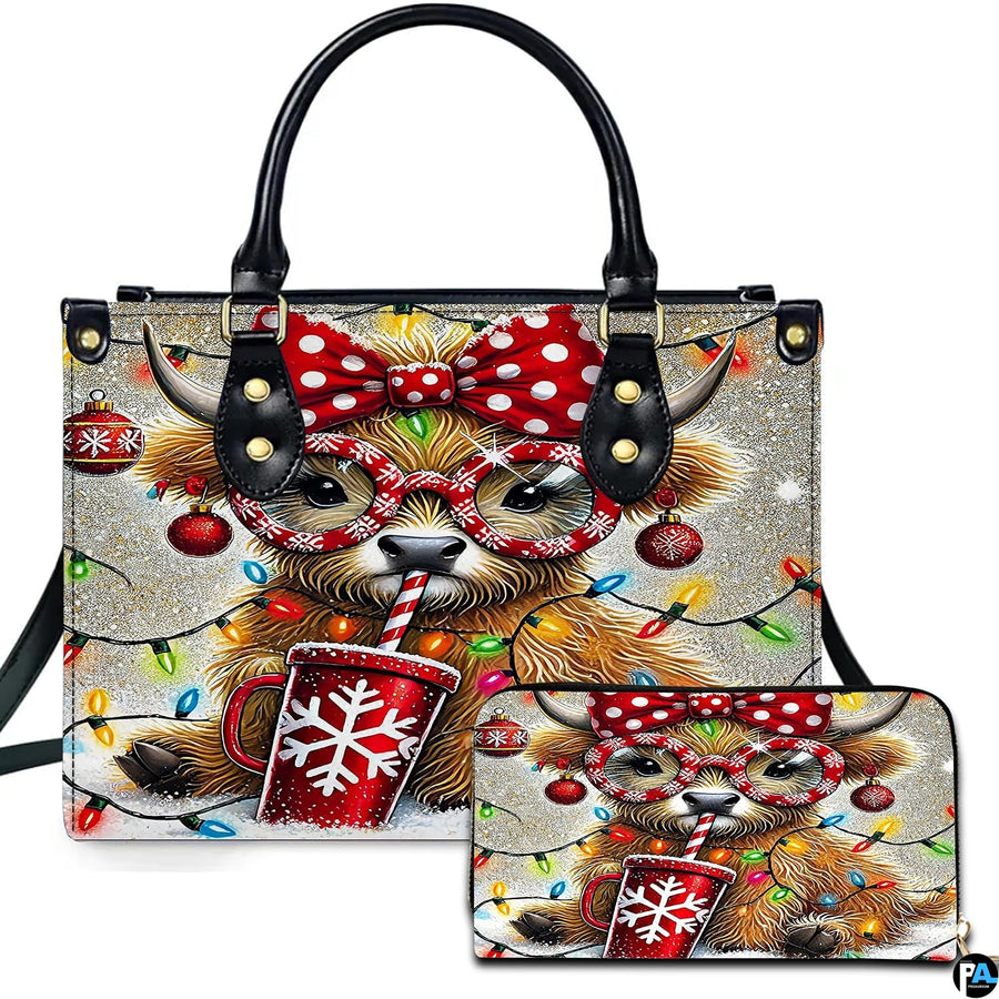 Custom Festive Highland Cow Handbag for Christmas Gift