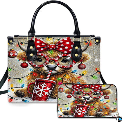 Festive Christmas Highland cow handbag and matching wallet with holiday string lights and red polka-dot bow.