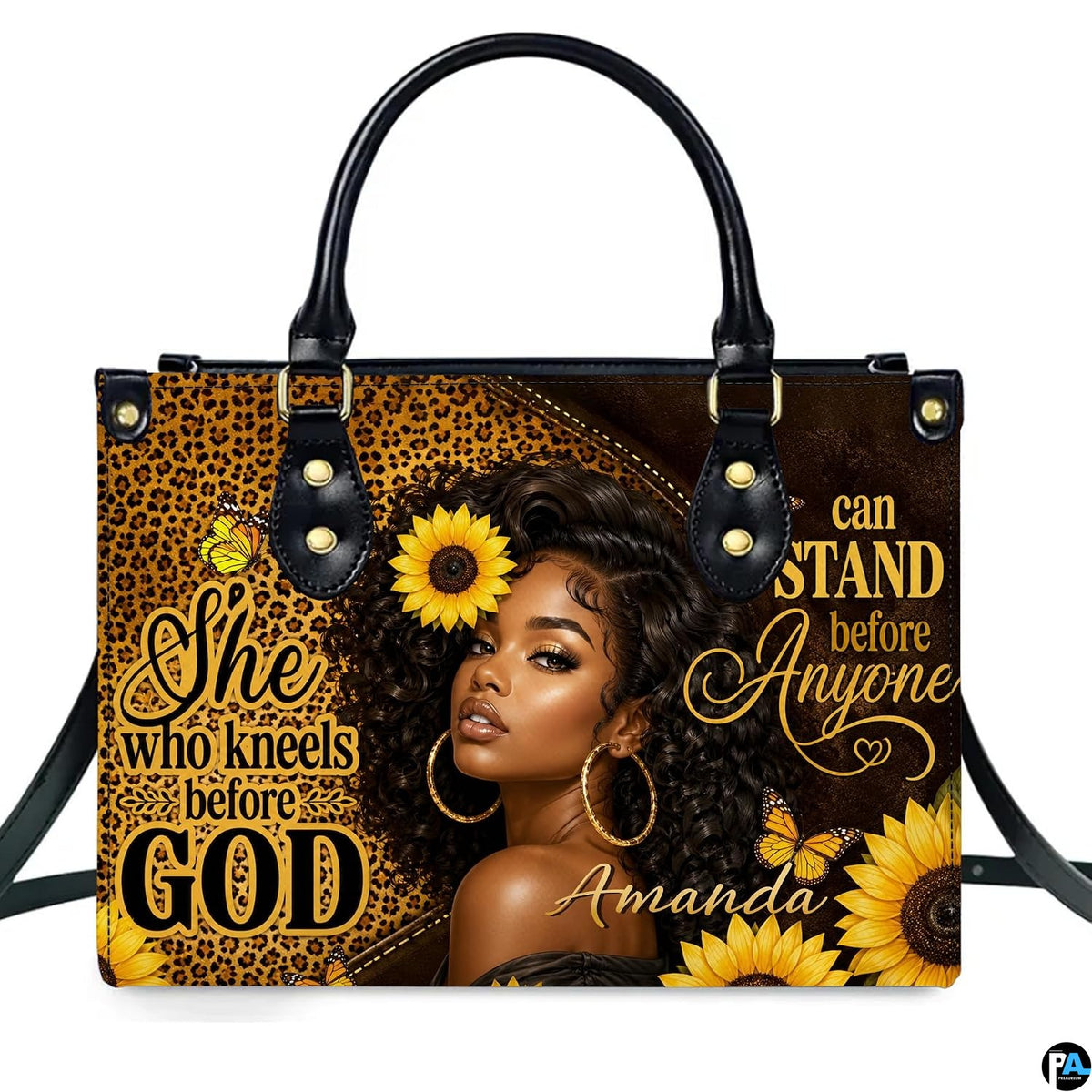 Black woman christian faith art displayed straight-on against an immaculate bright studio backdrop.