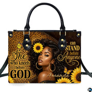 Black woman christian faith art displayed straight-on against an immaculate bright studio backdrop.