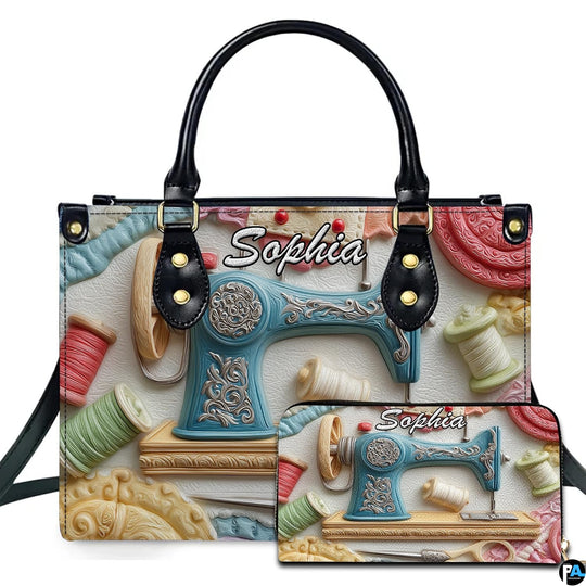 Studio presentation of vintage blue sewing machine design beside matching rectangular companion accessory.