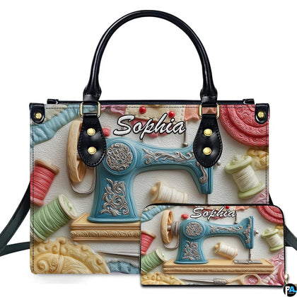 Studio presentation of vintage blue sewing machine design beside matching rectangular companion accessory.