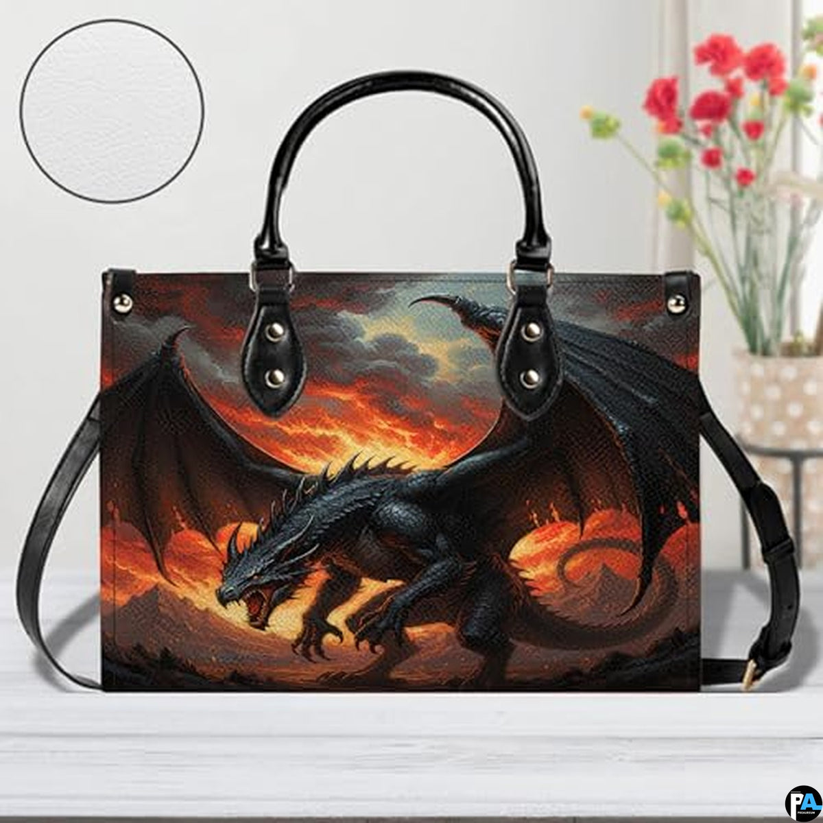 Personalized Black Dragon with Fiery Background Shoulder Bag
